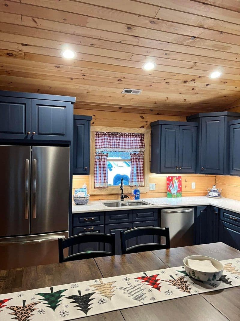 Modern rustic kitchen with blue cabinets, stainless steel appliances, and cozy decor.